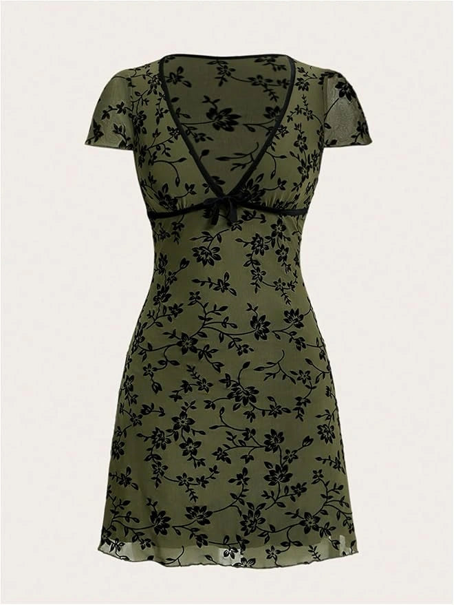 Floral Print Deep V-Neck Fitted Vintage Dress
