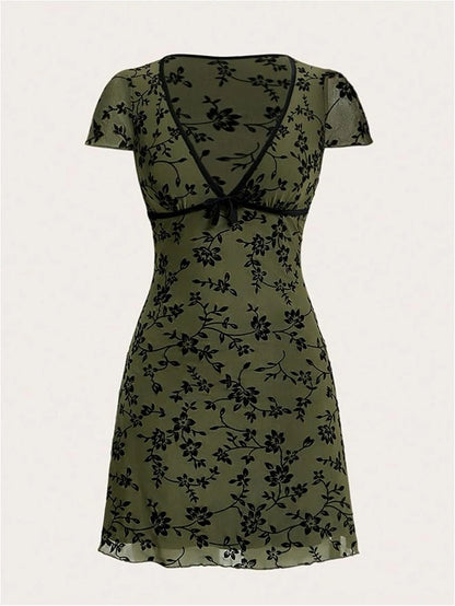Floral Print Deep V-Neck Fitted Vintage Dress